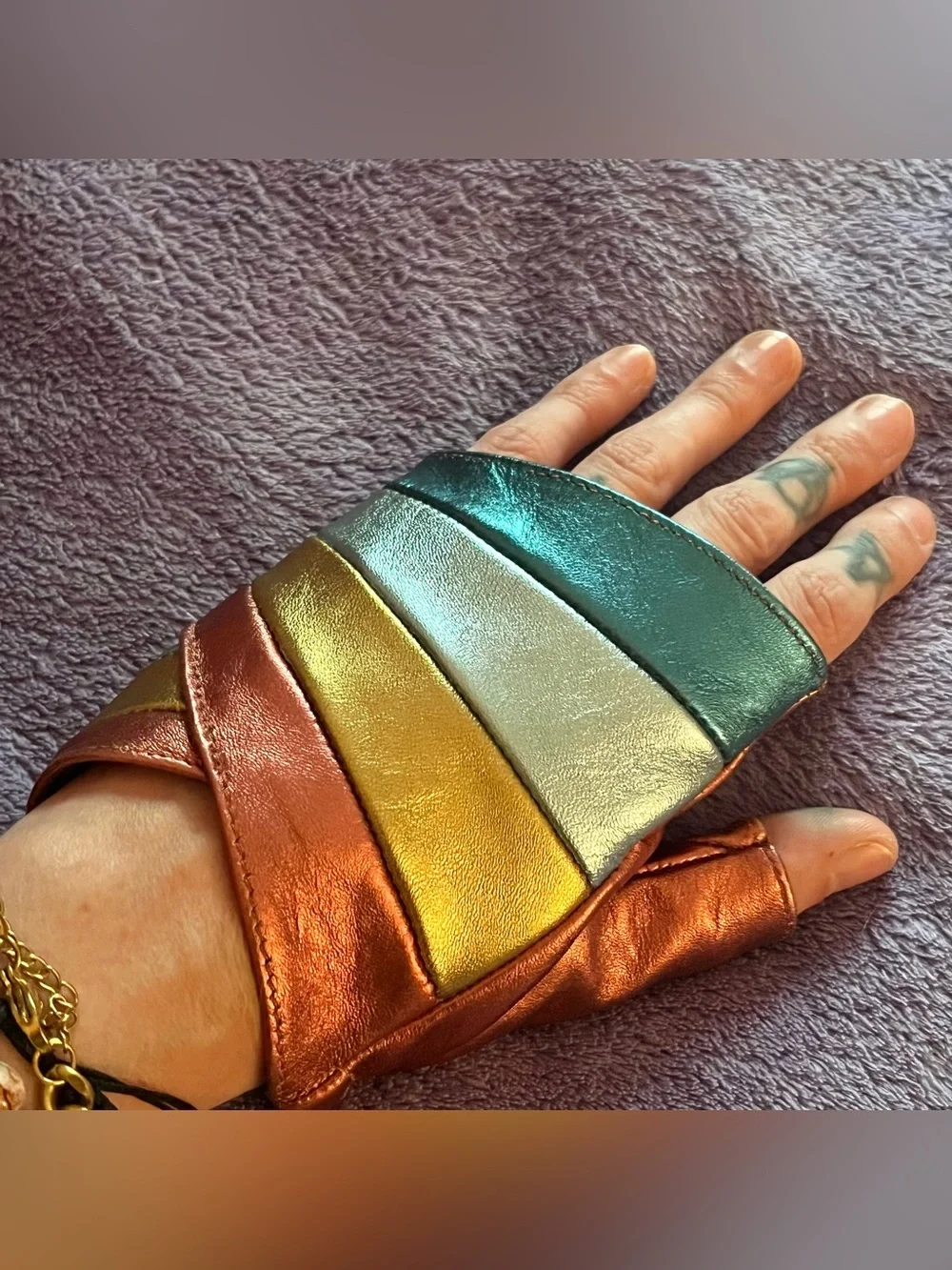 Elisabetta Franchi Pink Blue Gold Silver Metallic Leather Fingerless Gloves 7